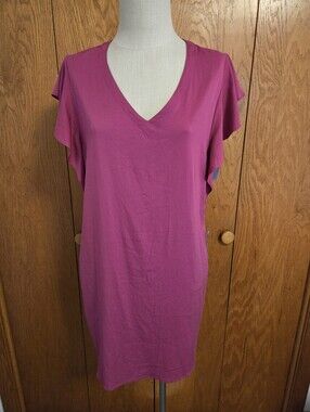 NWT LIVERPOOL Women’s Magenta V-Neck Flutter Sleeve Dress W/ Pockets. Size Lrg.